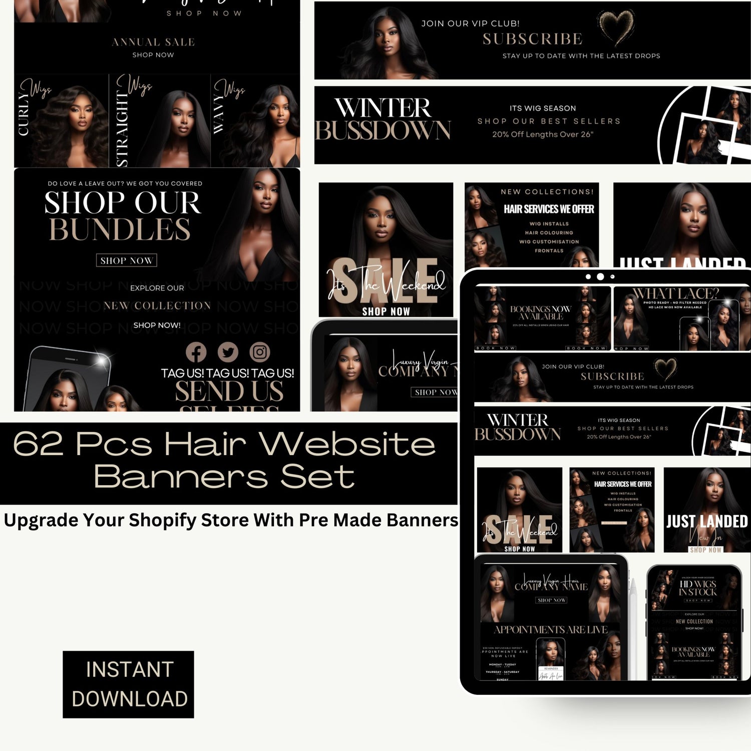 62pc Black Aesthetic Hair Extension Website Banner Set  | Shopify Website Banners