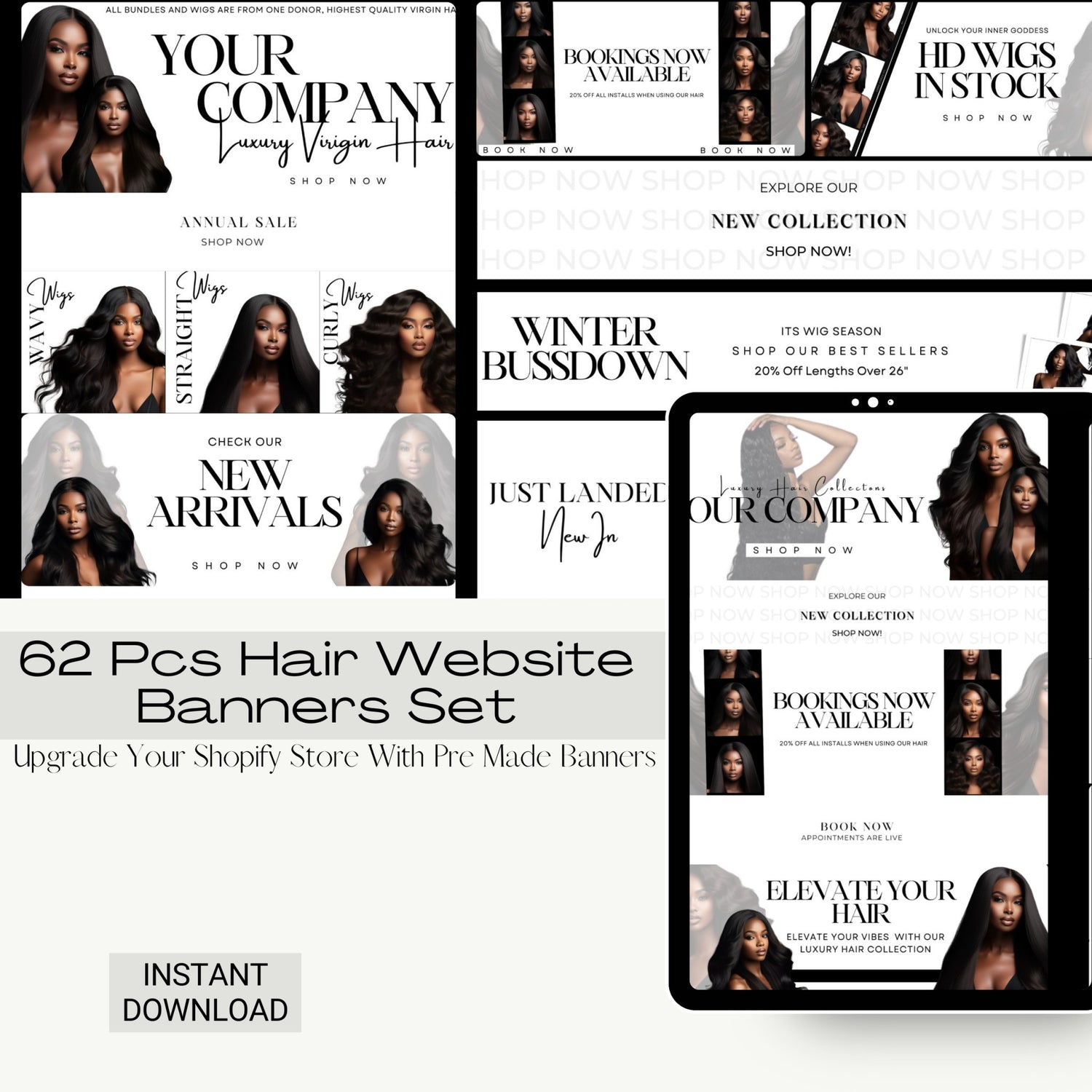 62pc White Aesthetic Hair Extension Website Banner Set  | Shopify Website Banners